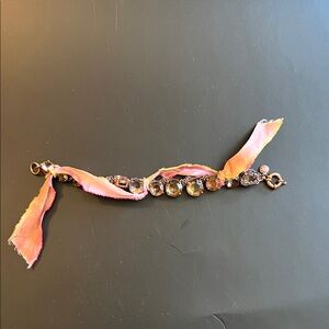 Rare J. Crew Silk Pink Ribbon Crystal Bracelet Rose Gold Setting and Chains